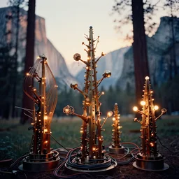 a 2 8 mm macro kodachrome photo of ornate mechanical metallic trees with glowing lights and twisted electric wires in yosemite national park in the 1 9 5 0's, seen from a distance, bokeh, canon 5 0 mm, cinematic lighting, film, photography, golden hour, depth of field, award - winning, cyberpunk, neon
