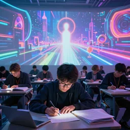 a genius student in glasses is taking statistics examination in the parallel world, holographic sky projection, synthwave, bright neon colors, highly detailed, cinematic, panoramic, tim white, michael whelan, roger dean, bob eggleton, lisa frank, vladimir kush, kubrick, kimura, isono