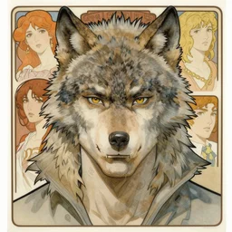 realistic detailed face portrait of a wolfman by alphonse mucha, ayami kojima, amano, greg hildebrandt, and mark brooks, male, masculine, art nouveau, neo - gothic, gothic, character concept design