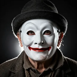 high contrast studio close - up portrait of a wrinkled old man wearing a pulcinella mask, clear eyes looking into camera, baggy clothing and hat, backlit, dark mood, nikon, photo by martin schoeller, masterpiece