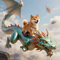 Shiba Inu dog riding a large dragon :: concept art, matte painting, highly detailed, artstation, dynamic, epic composition