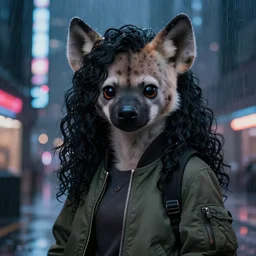 character portrait of a female anthro hyena fursona with a cute beautiful attractive furry face and long black curly hair wearing a bomber jacket in a cyberpunk city at night while it rains. hidari, color page, tankoban, 4K, tone mapping, Akihiko Yoshida.