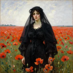 lady death dressed in black with a black veil in a field of poppies, low pov, by george frederick watts, lucien levy - dhurmer, edgard maxence, oil on canvas, 1 8 9 6