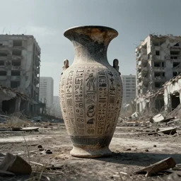 a desolate abandonded destroyed city, featuring a mysterious vase covered in hieroglyphs, digital art
