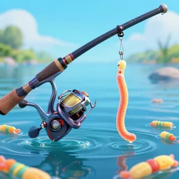 a fishing rod and reel has a hook with ( candy gummi worm ) attached as bait. in the water are ( swedish fish candy ) digital art, hyperdetailed, 8 k, hd, pixar style