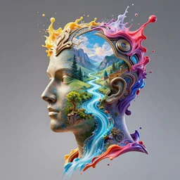 magical paint exploding and flowing like rivers from the artist's art deco head opened to reveal scenery. 8 k octane rendered on artstation
