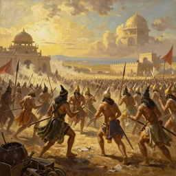 an epic painting of the Mahabharata War, oil on canvas, golden hour, beautiful detailed, photorealistic, digital painting, artstation, concept art, smooth, sharp focus, illustration, fantasy background, artstation trending, octane render, unreal engine