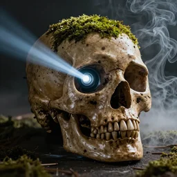A skull being covered in moss, with a projector beam emitting from the left eye socket, the skull has wisps of smoke surrounding it, rear view cinematic lighting