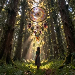 woman standing and looking at the dreamcatcher hanging from the trees in the mysterious forest, cinematic view, epic sky, detailed, concept art, low angle, high detail, warm lighting, volumetric, godrays, vivid, beautiful, trending on artstation, by jordan grimmer, huge scene, grass, art greg rutkowski