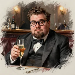 sketch drawing of a fat guy with glasses, short beard, odd haircut and a glass of champagne, in classic suit in a bar setting, dimly lights, afternoon tea, a very interesting and intellectual person