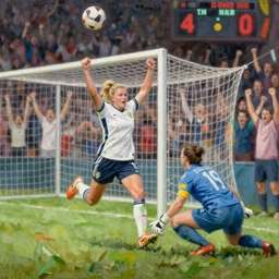 of a blonde soccer star woman scoring a goal past a goalkeeper and everyone behind the net in celebration cheering, scoreboard in background says 4 to 0, oil painting ultra high detail, cinematic