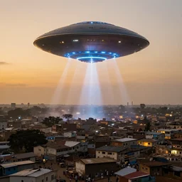large UFO over Ajegunle slums of lagos beaming neon rays of light, wide angle, Gold hour light,