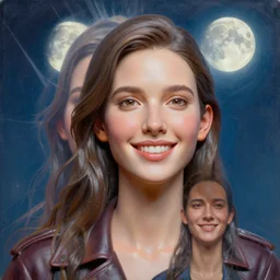 3 d, close - up, happy fashion model, plastic, night, moon rays, poster art, intricate oil painting, high detail, figurative art, multiple exposure, poster art, 3 d, by stanley kubrick and tooth wu and wlop and beeple