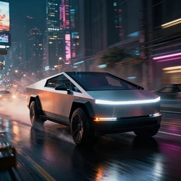 photo of combat tesla cybertruck driving on wet dystopian cyberpunk city streets at night, mad max, action, speed, volumetric lighting, hdr, gta 5, makoto shinkai, syd mead, craig mullins, cinematic, fast and furious, octane, 8 k, iso 1 0 0, 1 2 mm