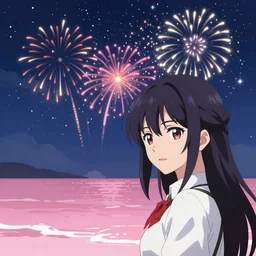 the beautiful background is the stars under the night sky, the fireworks bloom on the beautiful pink ocean, the portrait of the future of chuyin, the animation illustration, pixiv, created by rela