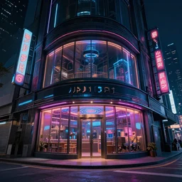 hyper detailed cyberpunk city storefront at night