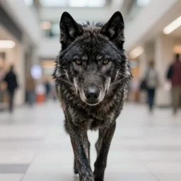 Close up camera footage of a a Feral Black Wolf with severe late stage rabies in an abandoned shopping mall, Wolf Running Directly toward camera, It Follows :7 , high exposure, dark, monochrome, camera,  grainy, CCTV, security camera footage, timestamp, zoomed in, Creepy, Feral, fish-eye lens, Rabid, Dire Wolf, Nightmare Fuel, Wolf, Evil, Stalking, Bite, Motion Blur, horrifying, lunging at camera :4 Blood on floors, windows and walls :5
