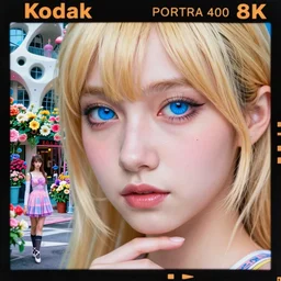 Kodak Portra 400,8K,highly detailed: beautiful three point perspective extreme closeup portrait photo in style of 2000sfrontiers in cosplay retrofuturism tokyo seinen manga street photography fashion edition, tilt shift zaha hadid style anime H.G Giger flower shop background, highly detailed, focus on model;vaporwave ;blonde hair;blue eyes;pointé pose, clear eyes, soft lighting