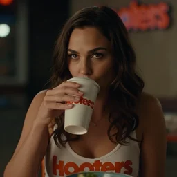 a close - up, color cinema film still of a gal gadot drinking coffee at a hooters, ambient lighting at night, from inception.