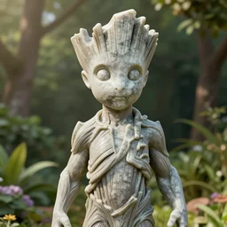 groot as marble statue, posing for camera, in space gardens, soft surface texture, very realistic 3 d render, soft sun lights, 4 k, high detailed photography result, 5 0 mm lens, rich deep colors, smooth gradients, depth of field, cinematic, hyper realism, high detail, octane render, unreal engine, 8 k, vibrant colors