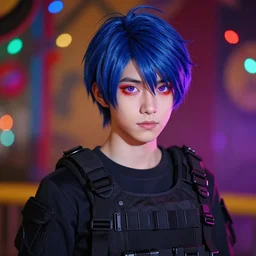 colorful and festive captivating teenager boy with straight indigo hair, purple eyes with red eye markers, slim body, wearing combat clothes. rich vivid colors, ambient lighting, dynamic lighting, 4 k, atmospheric lighting, painted, intricate, highly detailed by charlie bowater
