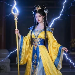photograph of a real - life beautiful!! elemental lightning witch with ornate yellow and blue robes and staff. extremely detailed. 8 k