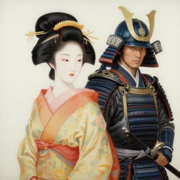 a beautiful realistic painting of a geisha girl and a samurai warrior, intricate, elegant, highly detailed, digital painting, artstation, concept art, by krenz cushart and artem demura and alphonse mucha