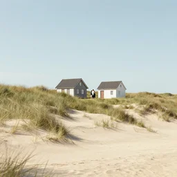 a couple of small houses sitting on top of a windy beach, a digital rendering by christian hilfgott brand, featured on dribble, photorealism, rendered in unreal engine, vray tracing, physically based rendering