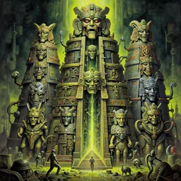 oils of 4 character, tiered grimy flayed mayan god machines, cluster tiered heirarchy, battle chaos, mainframe hydrocracking battles, medical chromed, oppressive dystopian, by wayne d barlowe, francesco blanc, jack gaughan, hyper realism, ornate, narrative light, neon lime colors, epic, classic fine art, 8 k