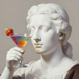 close - up of white reneissance head holding a coctail, colorful coctail, digital painting, 3 d render, above the waist