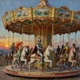 a carousel of medieval knights, ride in fury towards the unavoidable dispair of singing sirens, their beautiful red hair flows like in water and reminds you of the sunset dripping into the nights, the gods of egypt have arise, by goya, Godward, austin osman spare, nebezial, hyper real oil painting, expressives brushstrokes, a pinch of pollock, a quarter of madness, rendered in unreal engine