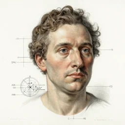 brilliantly colored lithograph of a fragmented portrait of a detailed engineering schematic of a robot in the pose the vitruvian robot in the style of edward tufte