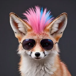 Fennec fox, pink and blue mohawk hairstyle, aviator sunglasses, vaporwave style, portrait, artstation, detailed, award winning, furry, award winning