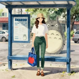 cowgirl in bucket hat and dark green skinny jeans and carrying blue bag with red apple print waits at blue metro bus stop totoro watercolor studio ghibli Kazuo Oga painting urban background dappled medium portrait