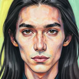 face portrait a thin man with sallow skin, a large hooked nose, long black hair which framed his face in curtains, dark penetrating eyes, highly detailed, sharp focus, trending on art station, colourful drawing