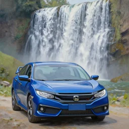 blue honda civic infront of a waterfall, photorealistic oil painting