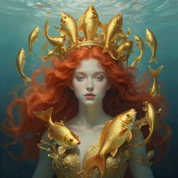 symmetry, a red hair female underwater with a crown made of long golden fish!!, intricate, elegant, highly detailed, my rendition, digital painting, trending on artstation, concept art, smooth, sharp focus, illustration, art by artgerm and greg rutkowski and alphonse mucha and huang guangjian and gil elvgren and sachin teng