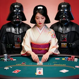 woman in a japanese kimono sitting at an extremely detailed poker table with darth vader, by andy warhol, by katsushika hokusai, by roy liechtestein, canvas, acrylic paint, saturated, ultra - hd, fireworks on the background, pop art
