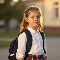 little slavic girl starts her first day at school. high detail, nostalgic, sunset.
