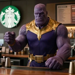 film still of Thanos working as a Starbucks barista in Infinity War