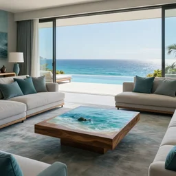 A modern living room in a ocean hues style next to a big terrace overlooking the ocean, luxurious wooden coffee table in the center, inspired by the ocean, calm, relaxed style, harmony, wide angle shot, 8k resolution