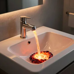 lava flowing out of a modern bathroom sink, cinematic dramatic lighting, warm glow, modern bathroom, 3d realistic, HD photography 4k
