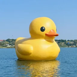 a giant yellow rubber duck swimming in a lake on a summers day, blue sky, trees, trending on art station, dynamic lighting, stark contrasts, detailed and intricate environment