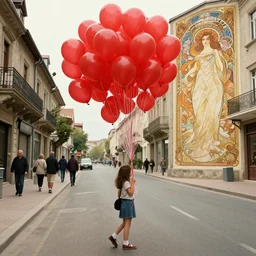wide angle street scene shot todd solondz a young girl holds dozens of red balloons by their strings, impressionistic, todd solondz, alphonse mucha, rhads, rebecca guay, artstation, artgerm, octane render,