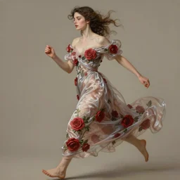 classically beautiful!!! woman dressed in a vaporous wrapped large victorian pale red roses silk semi-transparent dress fashion is running, fantasy, intricate, elegant, highly detailed, digital painting, trending on artstation, concept art, matte, sharp focus, illustration, art by Artgerm and Greg Rutkowski and Alphonse Mucha, instagram model