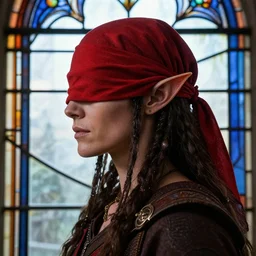 side - view portrait of the iorveth, scoia'tael leader, long red bandana over one eye, eye covered by red bandana, red bandana over forehead, elf ear, stained glass window, very masterful, no artifacts