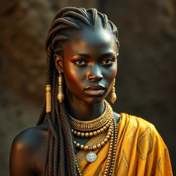 african woman shaman, braids, golden clothes, realistic, hd,
