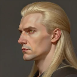 clean side profile portrait of a middle aged clean shaven statesman with very very very long blond hair, stern expression and sharp features, golden eyes and pale skin, 2d, ultra highly detailed, digital painting, smooth, sharp focus, artstation, trending on artstation, art by Ilya Kuvshinov
