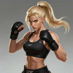 a highly detailed illustration of fierce ponytail platinum blonde woman wearing black mma bra and gloves, dramatic muay thai fight stance pose, muscular, intricate, elegant, highly detailed, centered, digital painting, artstation, concept art, smooth, sharp focus, league of legends concept art, WLOP