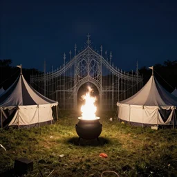 a magical circus in a field at night with large black and white tents, a large cauldron with a white flame, surrounded by a gothic iron fence artwork by gerald brom, 4 k, masterpiece